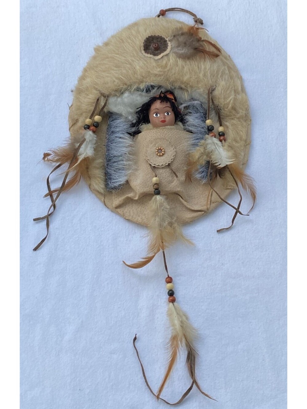 Vintage Native American Doll Dream Catcher Board Fur Leather Beads Feathers 14”